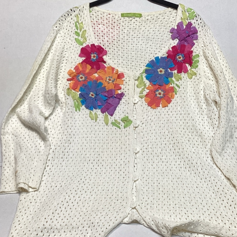 Floral Embroidered linen blend White Cardigan Sigrid Olsen size ???